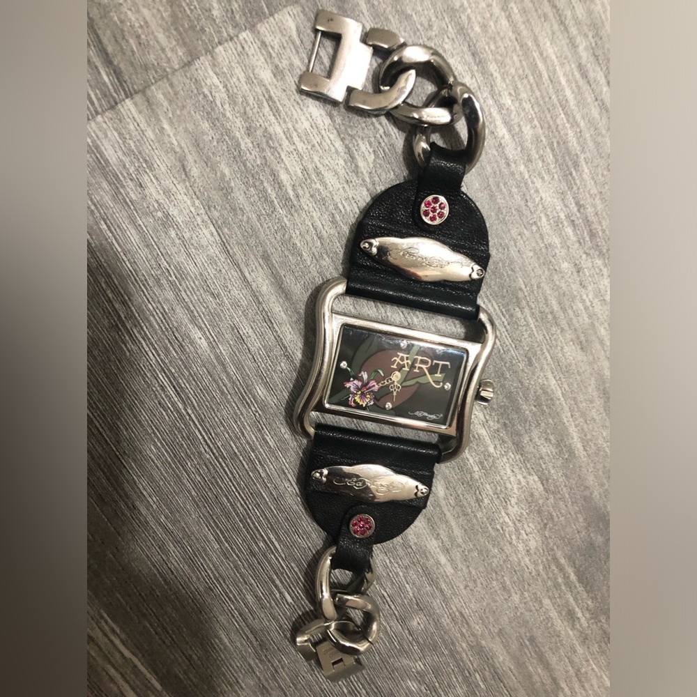 ED Hardy Women Black Victoria Orchid Watch Leather Stainless Steel Untested